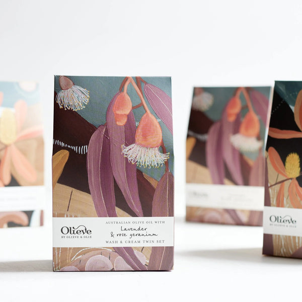 Olieve & Olie Artist Edition Lavender, Rose Geranium & Sweet Orange Twin Set featuring a Hand & Body Wash and Hand & Body Cream in beautifully illustrated bottles. Handcrafted with Australian olive oil, this natural skincare gift set combines everyday luxury with original botanical artwork