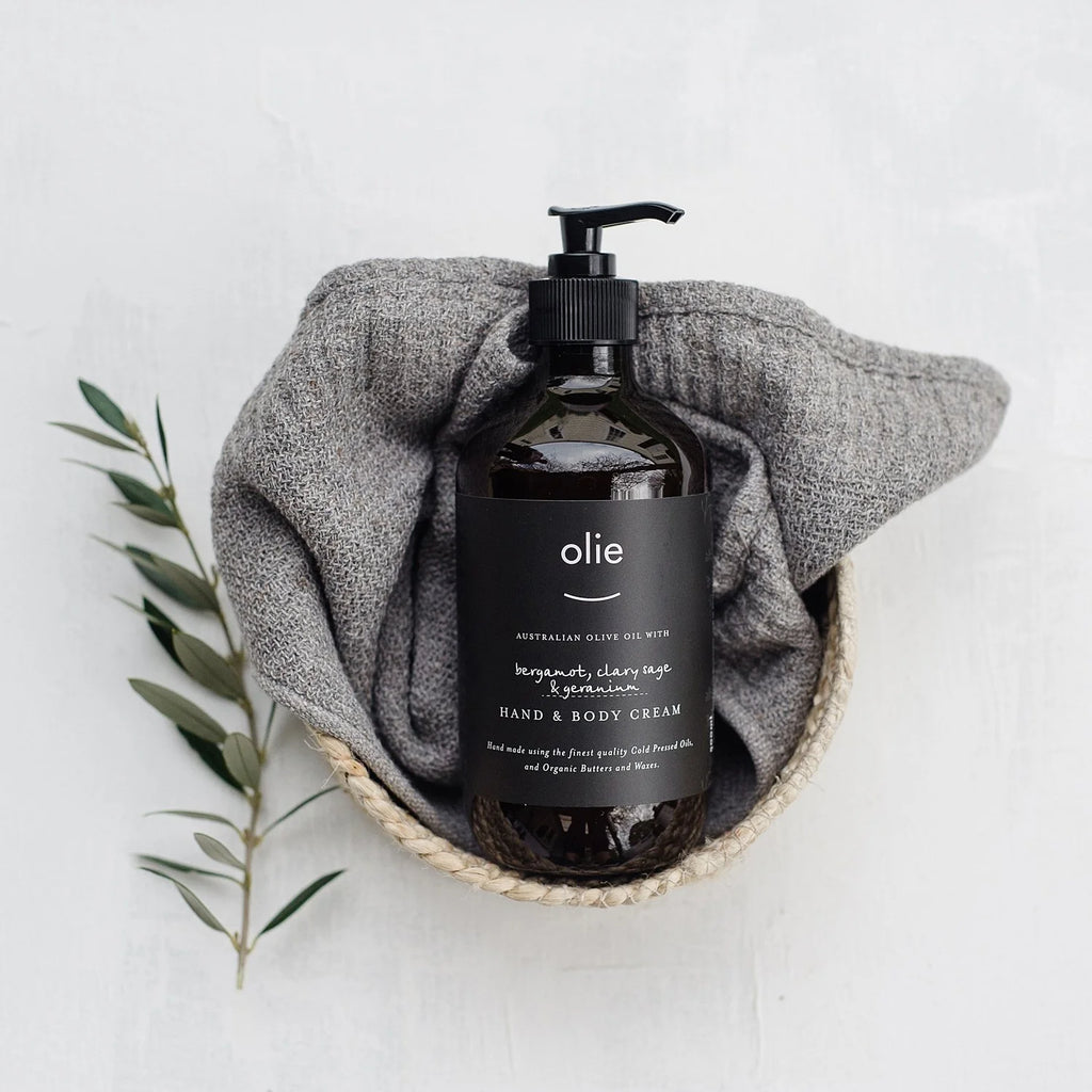 Olieve & Olie Bergamot, Clary Sage & Geranium Hand & Body Cream. This rich, handcrafted moisturiser is made with Australian olive oil, cocoa butter and beeswax to deeply hydrate, nourish and soften hands and body while leaving a subtle botanical fragrance