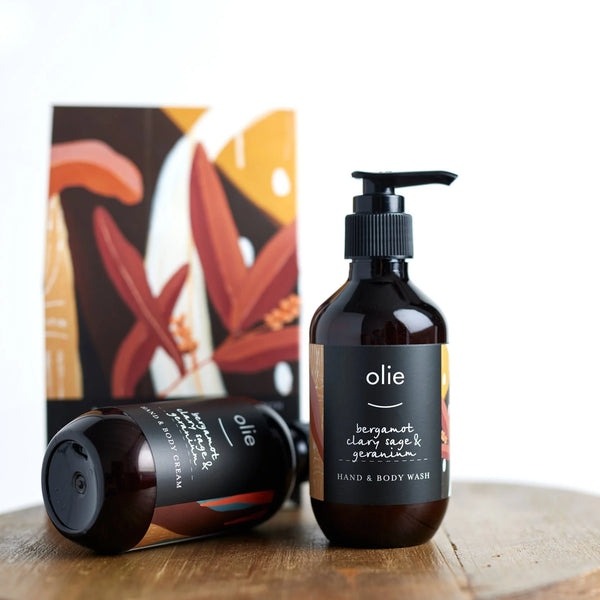 Olieve & Olie Bergamot, Clary Sage & Geranium Twin Set featuring a handcrafted Hand & Body Wash and Hand & Body Cream made with Australian olive oil. Beautifully presented as a natural skincare gift for everyday use