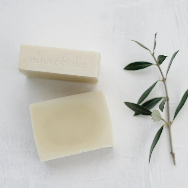 Olieve & Olie Goat Milk & Olive Oil Handmade Bar Soap loose bar on a white background. Handcrafted with Australian olive oil and creamy goat milk using the traditional cold process method, this gentle soap creates a rich, creamy lather while helping maintain the skin's natural moisture balance