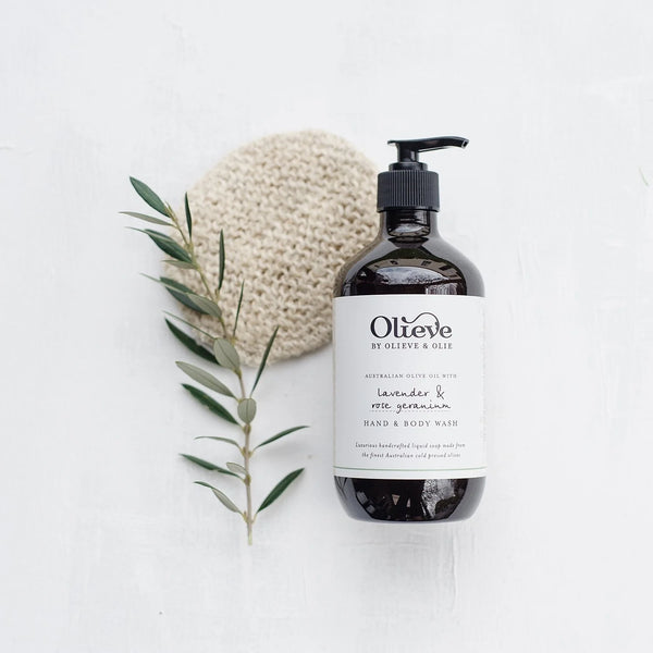 Olieve & Olie Lavender & Rose Geranium Hand & Body Wash on a white background. Handcrafted with Australian olive oil, this gentle liquid soap cleanses without stripping the skin, leaving hands and body soft, refreshed and comfortably moisturised