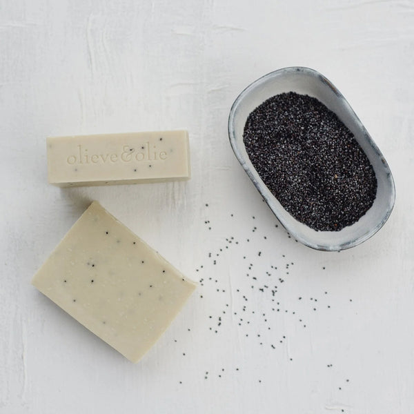 Olieve & Olie Lemon Myrtle & Poppy Seed Handmade Bar Soap loose bar on a white background. Handcrafted with Australian olive oil using the traditional cold process method, this gentle soap lightly exfoliates with poppy seeds while helping maintain the skin's natural moisture balance