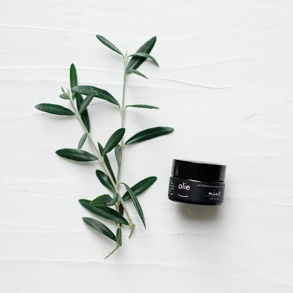 Olieve & Olie Mint Lip Balm beautifully styled in a natural lifestyle setting with fresh olive leaves. Made with Australian olive oil and beeswax, this nourishing lip balm helps keep lips soft, smooth and protected throughout the day
