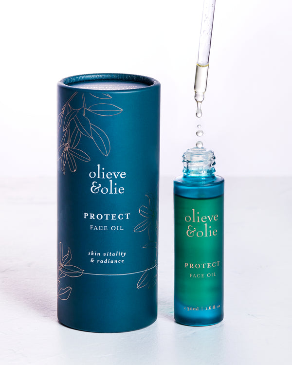 Olieve & Olie Protect Face Oil on a clean white background. This lightweight botanical facial oil is handcrafted with carefully selected natural ingredients to hydrate, balance and nourish the skin while supporting a healthy, radiant complexion