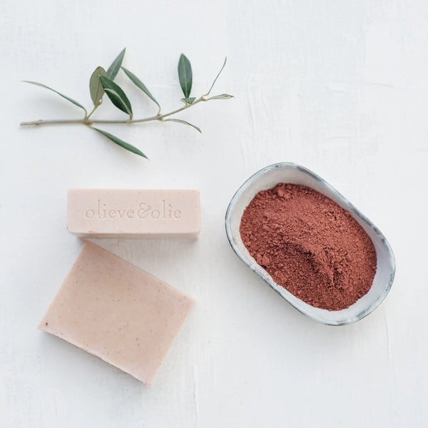 Olieve & Olie Rose Geranium & Pink Clay Handmade Bar Soap loose bar on a white background. Handcrafted with Australian olive oil using the traditional cold process method, this gentle soap creates a rich, creamy lather that cleanses while helping maintain the skin's natural moisture balance