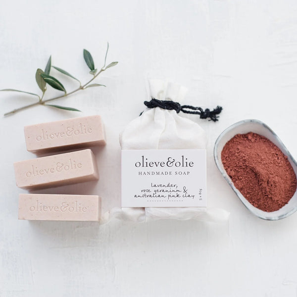 Olieve & Olie Rose Geranium & Pink Clay Handmade Bar Soap on a white background. Handcrafted with Australian olive oil using the traditional cold process method, this gentle bar soap creates a rich, creamy lather that cleanses while helping maintain the skin's natural moisture balance
